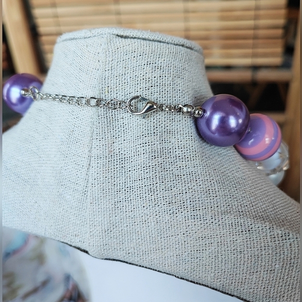 Acrylic Big Balls Purple Lavender Faux Pearls Rhinestone Striped Beads Necklace - Picture 5 of 12